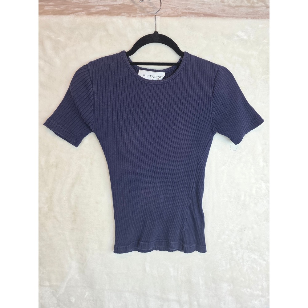 Vittadini Sport Navy Blue Ribbed Knit Short Sleeve Crewneck Top‎ Large